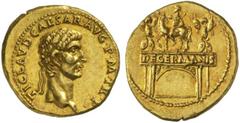 The Roman Empire Claudius, 41 - 54 No.: 27 Schätzpreis - Estimate CHF 12000.- Aureus circa 41-42, 7.78 g. TI CLAVD CAESAR AVG P M TR P Laureate head r. Rev. Triumphal arch surmounted by equestrian sta