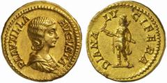 The Roman Empire Plautilla, wife of Caracalla No.: 152 Schätzpreis - Estimate CHF 30000.- Aureus circa 205, 7.36 g. PLAVTILLA - AVGVSTA Draped bust r. Rev. DIANA - LV - CIFERA Diana standing l., holdi