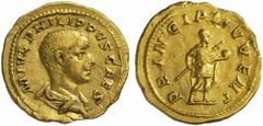 The Roman Empire Philip II Caesar, 244 - 247 No.: 172 Schätzpreis - Estimate CHF 4000.- Aureus circa 245-246, 4.65 g. M IVL PHILIPPVS CAES Bare-headed and draped bust r. Rev. PRINCIPI IVVENT Philip II