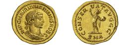 The Roman Empire Numerian as Caesar, 282 - 283 No.: 224 Schätzpreis - Estimate CHF 10000.- Aureus, Antioch early 283, 5.45 g. IMP C M AVR NVMERIANVS NOB C Laureate, draped and cuirassed bust r. Rev. C