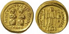 Byzantine Gold Coins Justin I and Justinian I, 4 April - 1 August 527 No.: 375 Schätzpreis - Estimate CHF 5000.- Solidus circa 527, 4.49 g. D N IVSTIN ET IVSTINI P P AVG Emperors, nimbate, seated faci