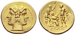 Anonymous Half-Stater circa 216, AV 3.40 g. Laureate Janiform head of the Dioscuri. Rev. Oath taking scene with two warriors, one Roman and the other one representing the Italian allies, standing faci