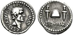 M. Junius Brutus with L. Plaetorius Caestianu Denarius, Northern Greece circa 43-42, AR 3.60 g. BRVT IMP L·PLAET·CEST Head of Brutus r. Rev. EID·MAR Pileus between two daggers. Babelon Junia 52 and Pl
