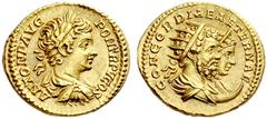 The Roman Empire Caracalla augustus, 198 – 217 Aureus 202, AV 7.17 g. ANTON P AVG PON – TR P V COS Laureate, draped and cuirassed bust of Caracalla r. Rev. CONCORDIAE AETERNAE Jugate busts r. of Septi