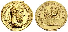 The Roman Empire Macrinus, 217 – 218 Aureus 217-218, AV 6.91 g. IMP C M OPEL SEV – MACRINVS AVG Laureate, draped and cuirassed bust r. Rev. LIBERALITAS AVG Macrinus and Diadumenianus seated l. on plat