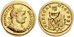 The Roman Empire Maximianus Herculius, 286 – 305 Aureus 293-294, AV 5.74 g. MAXIMIANVS AVGVSTVS Laureate, draped and cuirassed bust r. Rev. HERCVLI – VICTORI Hercules seated facing on rock, head r., w