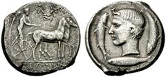 Greek Coins Gela Tetradrachm circa 425, AR 16.89 g. Slow quadriga driven r. by Nike, holding reins and kentron with both hands; in field above, laurel-wreath. In exergue, ΓEΛΩION Rev. Youthful head of