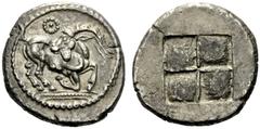 Greek Coins Thraco-Macedonian tribes, Krestonians or Mygdonians Stater circa 485-480, AR 8.87 g. Goat kneeling r., head reverted; above, dotted Θ. Rev. Quadripartite incuse square. AMNG III/2, 4 (Aega