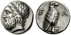 Greek Coins Olympia, Elis Tetradrachm 356, the 106th Olympiad, AR 12.24 g. Laureate head of Zeus l. Rev. F – A Eagle standing r., with closed wings, on Ionic capital. Seltman 182c (this coin). Ex Sir 
