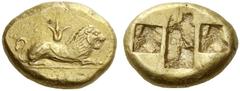 Greek Coins Asia Minor, Uncertian mint Stater circa 500-480, EL 14.06 g. Lion lying down r.; above lotus flower. Rev. A rectangular incuse with rough surface between two incuses square with rough surf