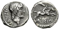The JD collection of Roman Republican Coins part II – Session I A. Licinius Nerva. Sestertius 47, AR 0.96 g. Laureate head of Apollo; behind, NERVA. Rev. Horseman r., holding palm in r. hand; below, A