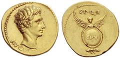 The Roman Empire Octavian as Augustus, 27 BC – 14 AD Aureus, Colonia Patricia (?) circa 19 BC, AV 7.90 g. Bare head r.; below, AVGVSTVS. Rev. S P Q R Victory standing facing with wings spread, holding