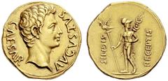 The Roman Empire Octavian as Augustus, 27 BC – 14 AD Aureus, Colonia Patricia 19 BC, AV 6.92 g. CAESAR – AVGVSTVS Bare head r. Rev. SIGNIS – RECEPTIS Mars, helmeted and cloaked, standing l., head faci