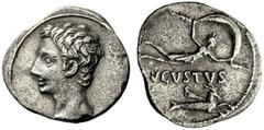 The Roman Empire Octavian as Augustus, 27 BC – 14 AD Denarius, Colonia Patricia (?) circa 18-17/16 BC, AR 3.68 g. Bare head l. Rev. AVGVSTVS Zephyr (?) radiate hovering r. horizontally, holding outstr