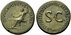 The Roman Empire Octavian as Augustus, 27 BC – 14 AD Divus Augustus. Sestertius 22-23, Æ 26.87 g. DIVVS AVGVSTVS – PATER Augustus, radiate, seated l., feet on stool, holding laurel branch and long sce