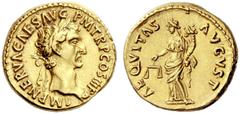 The Roman Empire Nerva, 96 – 98 Aureus 96, AV 7.46 g. IMP NERVA CAES AVG P M TR P COS III P P Laureate head r. Rev. AEQVITAS – AVGVST Aequitas standing l., holding scales and cornucopiae. C 5. BMC 23.