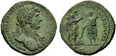 The Roman Empire Hadrian augustus, 117 – 138 Sestertius circa 119-121, Æ 21.94 g. IMP CAESAR TRAIANVS HADRIANVS AVG P M TR P COS III Laureate bust r. with drapery on far shoulder. Rev. [RELIQVA VETERA