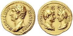The Roman Empire Hadrian augustus, 117 – 138 Aureus 136-138, AV 7.33 g. HADRIANV – AVGVSTVS P P Bare-headed bust l., with drapery on l. shoulder. Rev. DIVIS PAREN – TI – BVS Confronted busts of Trajan