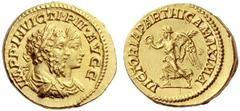 The Roman Empire Septimius Severus, 193 – 211 Aureus 202-210, AV 6.97 g. IMPP INVICTI PII AVGG Conjoined laureate, draped and cuirassed busts of S. Severus and Caracalla r. Rev. VICTORIA – PARTHICA MA