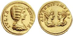The Roman Empire Julia Domna, wife of Septimius Severus Aureus 201, AV 7.20 g. IVLIA – AVGVSTA Draped bust r. Rev. AETERNIT IMPERI Confronted busts of Caracalla laureate, draped and cuirassed facing r