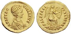 The Roman Empire Aelia Flaccilla, wife of Theodosius I Solidus, Constantinopolis 378–383, AV 4.40 g. AEL FLAC – CILLA AVG Draped bust r., with elaborate headdress, necklace and mantle. Rev. SALVS REI 