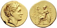 Greek coins Kingdom of Thrace, Lysimachus 323 – 281 and posthumous issues Stater, Lampsacus 305-281, AV 8.50 g. Diademed head of deified Alexander r., with the horn of Ammon. Rev. Athena enthroned l.,