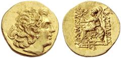 Greek coins Kingdom of Thrace, Lysimachus 323 – 281 and posthumous issues Stater, Callatis (under Mitridathes VI) 88-86, AV 8.40 g. Diademed head of deified Alexander r., with the horn of Ammon. Rev. 