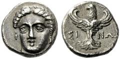 Greek coins Paphlagonia, Sinope ¼ drachm, 4th–3rd century BC, AR 1.51 g. Female head facing three quarters l. Rev. Eagle facing with spread wings. SNG von Aulock 218. SNG Black Sea 1502. Toned and ext