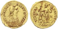 Barbaric Coinage imitating Imperial Issues Pesudo-Imperial Coinages. Attributed to the Burgundians or Franks In the name of Valentinian III. Solidus, uncertain mint in Gaul 451 or later, AV 4.32 g. Ro