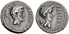 The Collection of Roman Republican Coins of a Student and his Mentor Part II Marcus Antonius. Denarius, Gallia Cisalpina 43, AR 3.65 g. M ANTON IMP Bearded head of Mark Antony r.; behind, lituus . Rev