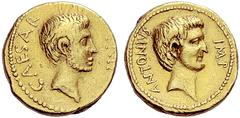 The Collection of Roman Republican Coins of a Student and his Mentor Part II Octavianus and Marcus Antonius. Aureus, mint moving with Octavian in South or Central Italy circa 40-39, AV 8.21 g. CAESAR 