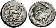 ITALY SICILY SYRACUSE , Second democracy, 466–406. Tetradrachm c. 460 BC, Attic standard, AR 17.43 g. Obv. . Slow quadriga right on ground line, driven by charioteer standing, holding reins in both ha