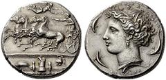 ITALY SICILY SYRACUSE, Dionysius I, 406–367. Decadrachm c. 400 BC, Attic standard, AR 43.40 g. Work signed by the engraver Euainetos. Obv. Quadriga galloping left, driven by charioteer holding kentron