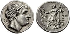 NORTHERN GREECE KINGDOM OF MACEDONIA DEMETRIUS POLIORCETES, 306–284 BC Tetradrachm Amphipolis, 292–291 BC, Attic standard, AR 17.08 g. Obv. Diademed head of Demetrius Poliorcetes right, with horn; bor