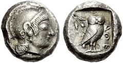 CENTRAL GREECE ATTICA ATHENS. Tetradrachm 500/490–482 BC Attic standard, AR 17.22 g. Obv. Helmeted head of Athena right, wearing circular earring. Rev. A?E Owl standing right, head facing; in left fie