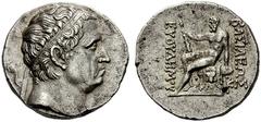 ASIA KINGDOM OF BACTRIA EUTHYDEMUS I, 230–190 bc Tetradrachm, Panjshir Valley 205–190 BC, Attic standard, AR 16.56 g. Obv. Diademed head of Euthydemus I right; border of dots. Rev. SELEUKOS / BASILEWS