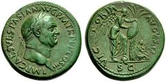 THE ROMAN EMPIRE VESPASIAN, end August 69–June 23, 79. Sestertius, Rome 71, Æ 27.59 g. Obv. IMP CAES VESPASIAN AVG P M TR P P P COS III His laureate head right; border of dots. Rev. VIC-TORIA - AVGVST