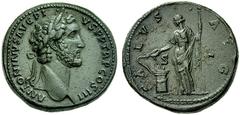 THE ROMAN EMPIRE ANTONINUS PIUS, July 10, 138–March 7, 161. Sestertius, Rome 144, Æ 27.05 g. Obv. ANTONINVS AVG PI-VS P P TR P COS III His laureate head right; border of dots. Rev. SA-LVS - AVG / S - 