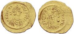 The Byzantine Empire The mint is Constantinopolis unless otherwise stated Justin I, 10 July 518 – 1 August 527 Tremissis 518-527, AV 1.50 g. D N IVSTI – NVS PP AVG Pearl-diademed and draped bust r. Re