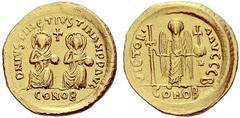 The Byzantine Empire The mint is Constantinopolis unless otherwise stated Justin I and Justinian I, 4 April – 1 August 527 Solidus 527, AV 4.49 g. D N IVSTIN ET IVSTININAN P P AVG Emperors, nimbate, s
