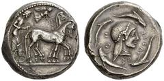 Greek Coins Syracuse Tetradrachm circa 480-475, AR 17.44 g. Slow quadriga driven r. by charioteer, holding kentron and reins; Nike flying above to crown horses. Rev. ΣVRAK – OΣ - ION Pearl-diademed he