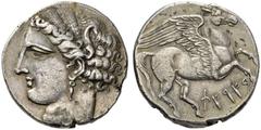 Greek Coins The Carthaginians in Italy and North Africa 5 shekels, uncertain mint in Sicily circa 260, AR 37.90 g. Head of Tanit-Persephone l., wearing barley wreath and earring. Rev. Pegasus flying r