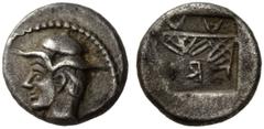 Greek Coins Thessaly, Larissa Hemidrachm circa 479/475-460, AR 2.01 g. Head of Jason l., wearing petasus . Rev. ΛA / RI retrograde Sandal l. BCD Thessaly –, cf. 346.2. An apparently unrecorded variety