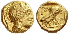 Greek Coins Attica, Athens Didrachm or stater circa 407-404, AV 8.61 g. Head of Athena r., wearing crested Attic helmet decorated with spiral palmette and two olive leaves. Rev. AΘE Owl standing r. wi