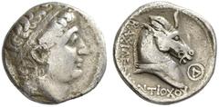 Greek Coins Antiochus I Soter, 281-261. Tetradrachm, Al Khanoum 281-261, AR 15.92 g. Diademed head r. Rev. BAΣIΛE [ΩΣ - A]NTIOXOΥ Horned and bridled horse head r.; in r. field, control mark. ESM 689. 