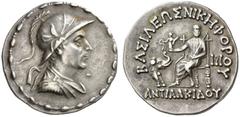 Greek Coins Antialcidas, circa 115 - 95 Tetradrachm, Pushkavalati circa 115-95, AR 16.66 g. Draped and cuirassed bust r., wearing horned helmet. Dots and reel border. Rev. BAΣIΛEΩΣ NIKHΦOΡOΥ Zeus seat