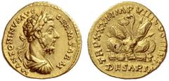 The Roman Empire Marcus Aurelius augustus, 161 – 180 Aureus, Roma 176-177, AV 6.95 g. M ANTONINVS AVG – GERM SARM Laureate, draped and cuirassed bust r. Rev. TR P XXXI IMP VIII COS III P P Pile of arm
