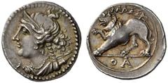 Greek Coins Gallia, Massalia Drachm circa 100-49, AR 2.69 g. Diademed and draped bust of Artemis l., with bow and quiver over shoulder. Rev. MAΣΣA Lion advancing l. with r. forepaw raised; in exergue,