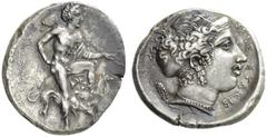 Greek Coins Segesta Tetradrachm circa 405-400, AR 17.36 g. EGESTAIΩN Aegestes, the city’s founder, as hunter, standing r. with l. foot upon rock, r. hand resting on hip, l. elbow on knee; he wears a p