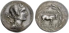 Greek Coins Euboea, Eretria Tetradrachm circa 160, AR 16.85 g. Draped bust of Artemis r., hair in korymbos , bow and quiver over her l. shoulder. Rev. EΡETΡIEΩN Cow standing r., with filleted horns, h